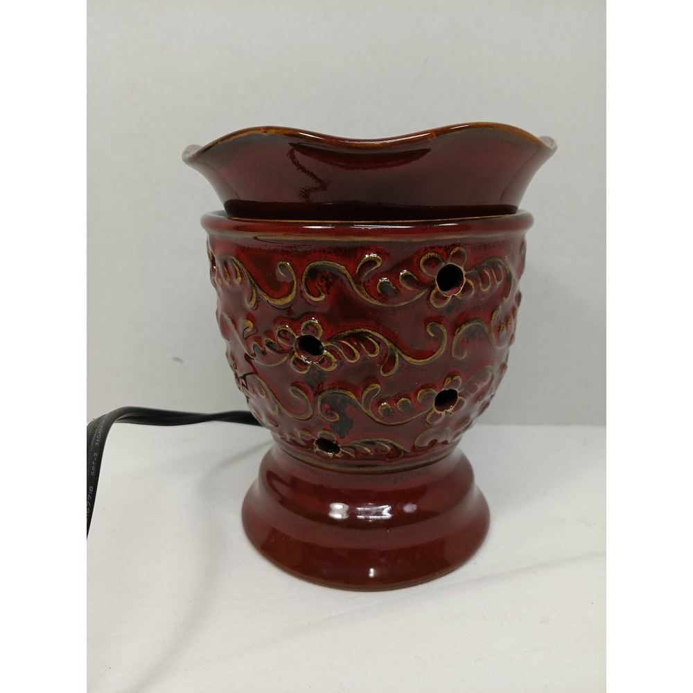 Scentsy Roma Retired Burgundy Red Scroll Electric Wax Warmer Ceramic Embossed